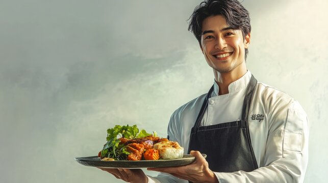 Smiling male chef presents a delicious-looking dish.