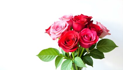 Fototapeta premium Bouquet of pink and red roses with green leaves against white background