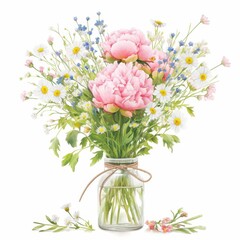 Obraz premium Delicate Pink Peonies and Daisies in Glass Jar Watercolor Floral Bouquet