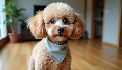 Charming poodle wearing a polka dot scarf, sitting in a bright indoor space