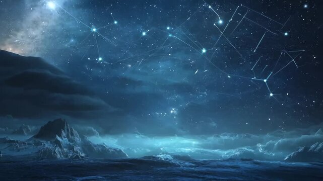 A surreal night scene showcasing a frozen, alien terrain beneath a star-filled sky, adorned with glowing constellations forming intricate patterns in the cosmos