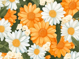 Obraz premium A Seamless Pattern of White Daisies and Orange/Yellow Flowers with Green Leaves on a Dark Green Background