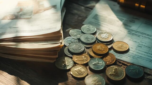 A collection of coins scattered on a wooden table alongside financial documents and paperwork. The scene conveys themes of budgeting, finance management, and economic planning in a rustic setting