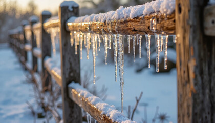 Icicles on Wooden Fence for Winter Photography and Nature Documentation