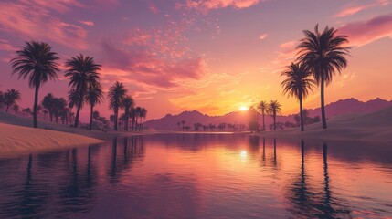 Obraz premium Serene Sunset Over Oasis with Palm Trees and Reflections
