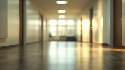 Obraz premium Serene Empty Interior of a Modern Office Space with Blurred Focus and Warm Natural Light Streaming Through Windows