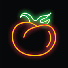 Glowing neon sign of a peach with green leaves, perfect for any design needing a retro touch