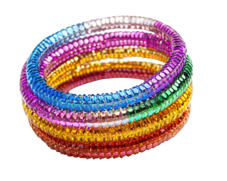 Colorful disco bracelets stacked together, showcasing vibrant hues and shiny texture. Perfect for parties or festive occasions, these accessories add fun touch to any outfit