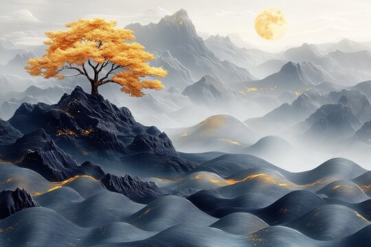 Majestic Golden Tree Amidst Misty Mountainscape