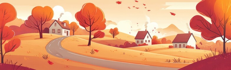 Autumnal Houses on Rolling Hills with Winding Road