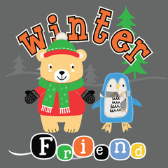 adorable image features a friendly polar bear and a playful penguin