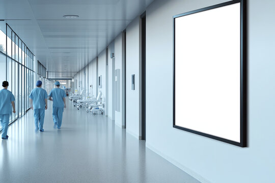 Blank white poster frame on the wall of an hospital interior, doctors and nurses in motion blur walk, window light from outside