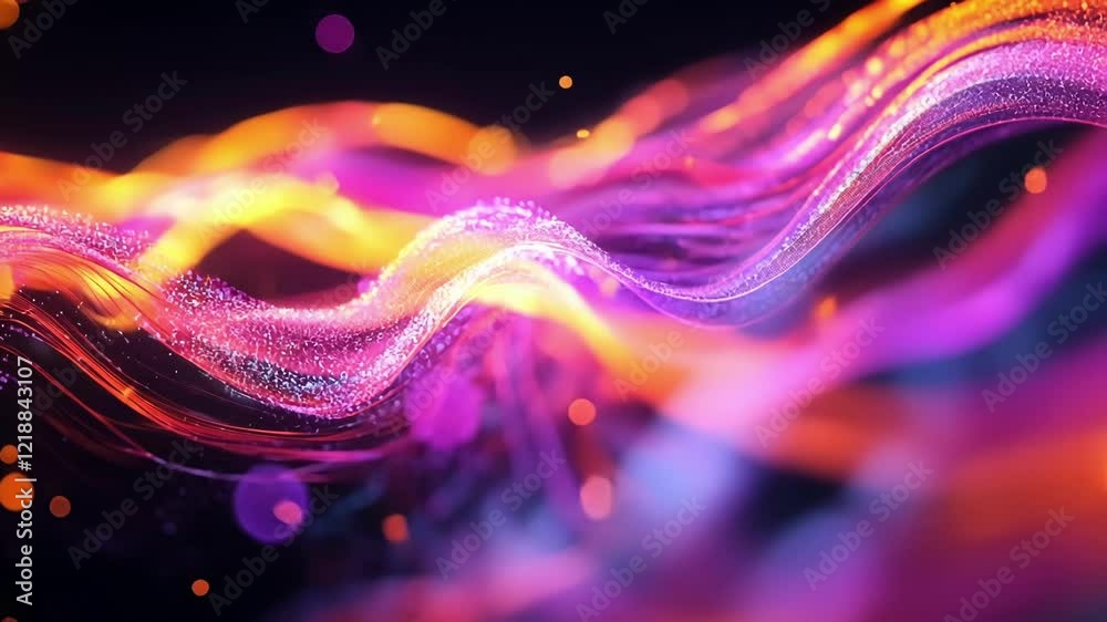 Poster colorful particles flowing and forming a wavy pattern, creating a vibrant and dynamic abstract backg