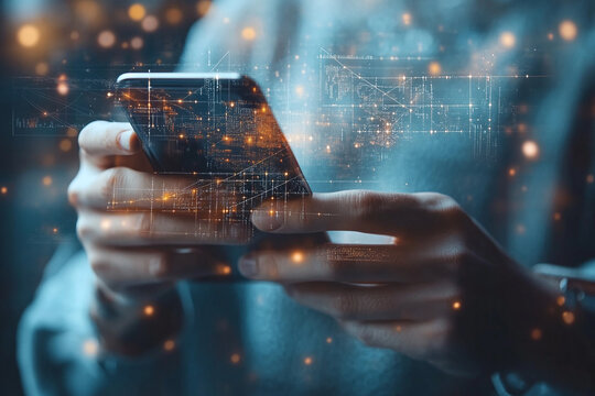 Cyber security, data protection. Man using mobile phone and fingerprint, scan to access personal data security on secured network connection. Biometric technology, data encryption, innovative data