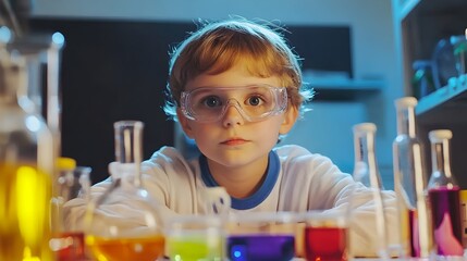 Young Boy Scientist Child Lab Experiment Science Education Studying Research Protective Glasses Colorful Liquids Chemistry Education Kid Learning Discovery     