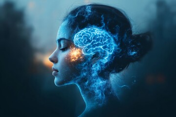 Woman pondering with glowing brain imagery in an ethereal forest setting during twilight