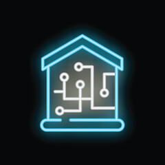 Blue neon icon of a smart home with circuit board lines showing the concept of home automation