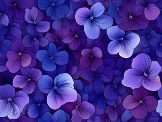 A Seamless Pattern of Purple and Blue Pansies with Dark Green/Blue Leaves on a Dark Blue Background