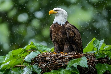 Majestic Bald Eagle Posing in Rain on Nest Amidst Lush Greenery