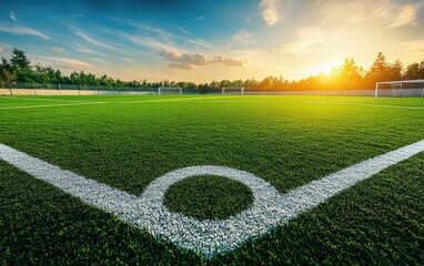Sunset over a vibrant green soccer field, ready for the big game!