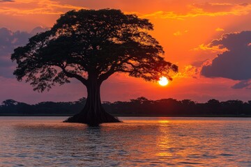 Serene sunset over a solitary tree along the calm waters of a lake creating a tranquil landscape view