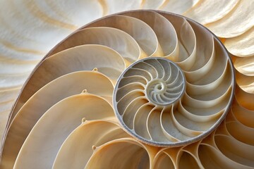 Intricate Nautilus Shell: A mesmerizing spiral of creamy chambers, revealing nature's geometry and elegance.