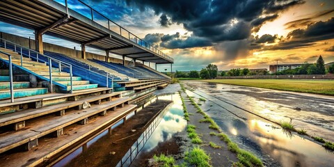 Abandoned Stadium After Rain - Empty Bleachers, Gloomy Sky, Copy Space Left