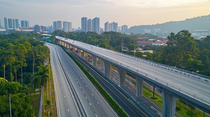 Naklejka premium Aerial View of Empty Urban Highway with City Buildings in Distance