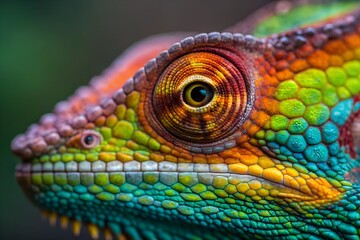 Fototapeta premium Vibrant Chameleon Eye: A mesmerizing close-up revealing intricate scales and vivid colors.