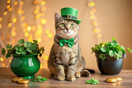 Adorable Kitten in Leprechaun Hat, St. Patrick's Day Decor, Beige Wall