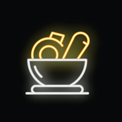 Yellow neon icon of a mortar and pestle glowing on a black background