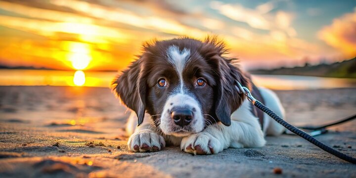 Adorable Stabyhoun Puppy Exhausted on Sandy Beach, Chewing Leash