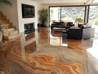 A spacious luxury living room with epoxy resin flooring resembling marble, creating a sophisticated look.