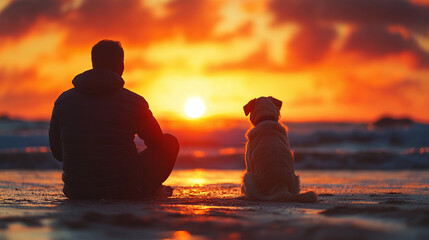 Back view silhouette of man with his dog, seaside during sunset photo banner background with copy space. Man and dog sitting together on the beach at sunset.
