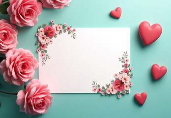 Pink Roses, Hearts, and Floral Frame on Turquoise Background: Romantic Invitation or Greeting Card Mockup
