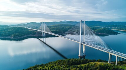 Obraz premium Aerial View of a Suspension Bridge Over Calm Waters and Green Hills
