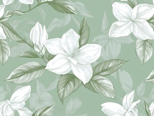 A Seamless Pattern of gardenias in white with Yellow/Gold Centers and Green Leaves on a Light Green Background