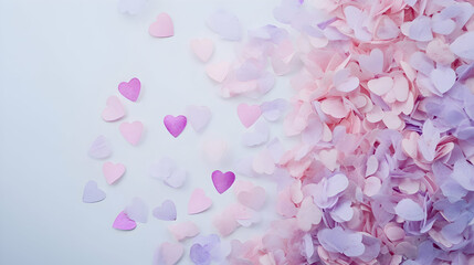 Fototapeta premium A flat-lay of Valentines-themed confetti in heart shapes scattered across a white surface,