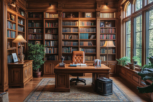 Elegant and classic study room with dark wood furniture leather chairs and bookshelves in the background