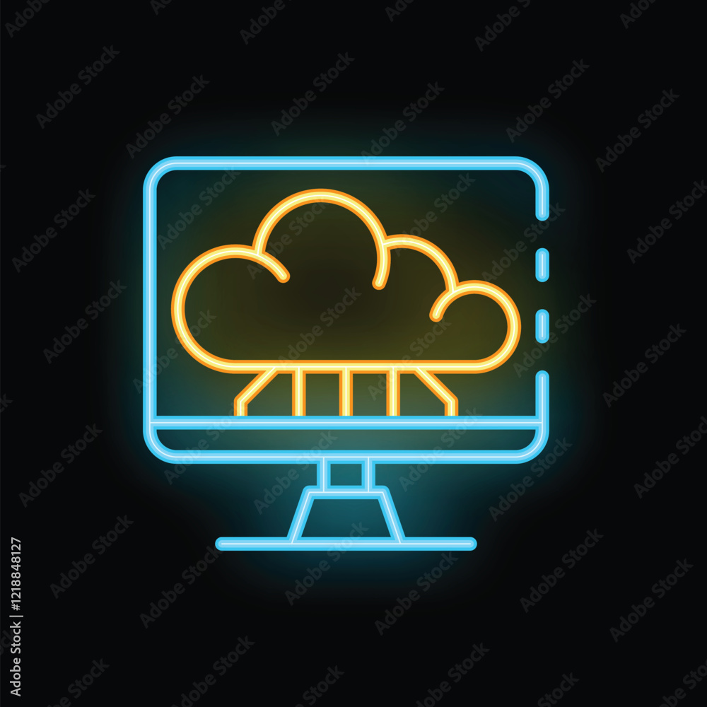 Poster neon sign depicting cloud computing connecting with a computer monitor, symbolizing data storage and