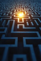 Maze intertwined with radiant puzzle pieces guiding toward a center light