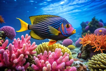 Obraz premium Black & Blue Fish, Pink Coral, Panoramic Underwater