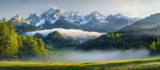Obraz premium Alpine sunrise mist meadow