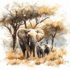 African Elephant Family In Watercolor