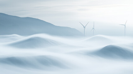 Wind turbines in the mist. A blurred background with white misty waves, through which giant wind turbines can be seen, generating clean energy