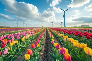 Gordijnen Tulip fields and windmill park. Vibrant colorful tulips stretch across the landscape of wind turbines generating alternative energy in behind. © Martinesku