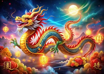 Fototapeta premium Happy Chinese New Year Dragon Banner, Long Exposure Oil Painting Style