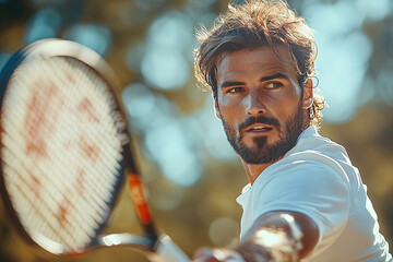 Close-up profile of professional tennis player hitting the ball with a racket at an international tennis tournament.