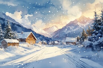 Fototapeta premium Snowy mountain village in winter showcasing quaint cabins under a vibrant sky and gently falling snowflakes