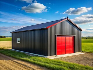 Black Metal Garage, Red Door, Farmland, Copy Space